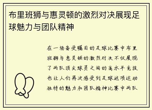布里班狮与惠灵顿的激烈对决展现足球魅力与团队精神